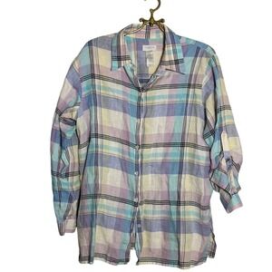 Liz Claiborne Woman 1X Linen Plaid Button Down Shirt Blue Purple Yellow Casual
